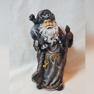 Resin & Burlap Vintage Small Santa Claus Christmas Figurine Display Staff Sack